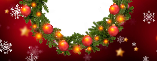 Red Christmas background with Christmas tree and balls. Beautifully decorated Christmas tree against color background, closeup