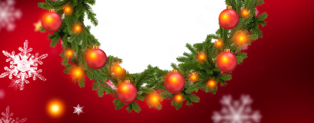 Red Christmas background with Christmas tree and balls. Beautifully decorated Christmas tree against color background, closeup