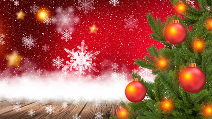 Fototapeta na wymiar Red Christmas background with Christmas tree and balls. Beautifully decorated Christmas tree against color background, closeup
