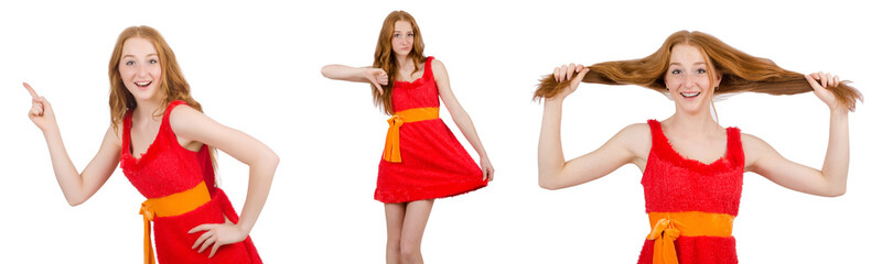 Young beautiful girl in red dress pointing isolated on white
