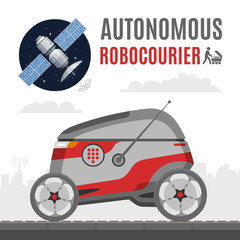 Vector autonomous delivery sidewalk robocourier flat illustration with satellite. Future robot for packages and food transportation.