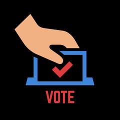 Vector vote color icon on a black background with voter hand insert envelope in ballot box. Democracy election poll colorful symbol.