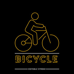 Vector isolated bicycle editable stroke line icon on a black background. Cycle thin outline pictogram with rider on road sign.
