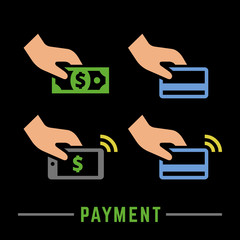 Vector payment color icon set on a black background, hand with cash money, card and smartphone for bank or online pay simple finance symbol.