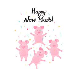 Naklejka premium Happy new year hand drawn lettering and confetti. Cute pigs having fun. Celebration card.