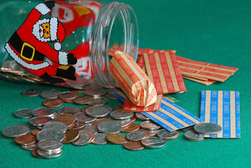 Chistmas Fund assorted coins in paper wrappers