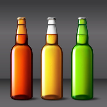 Beer bottle glass isolated on background. Vector packaging mockup with realistic bottle