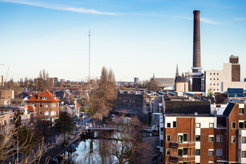 View on Leiden with old power plant chimney