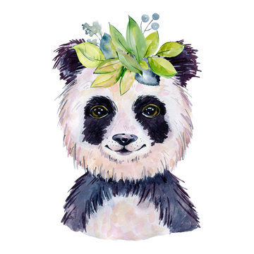 Panda watercolor illustration isolated on white background.