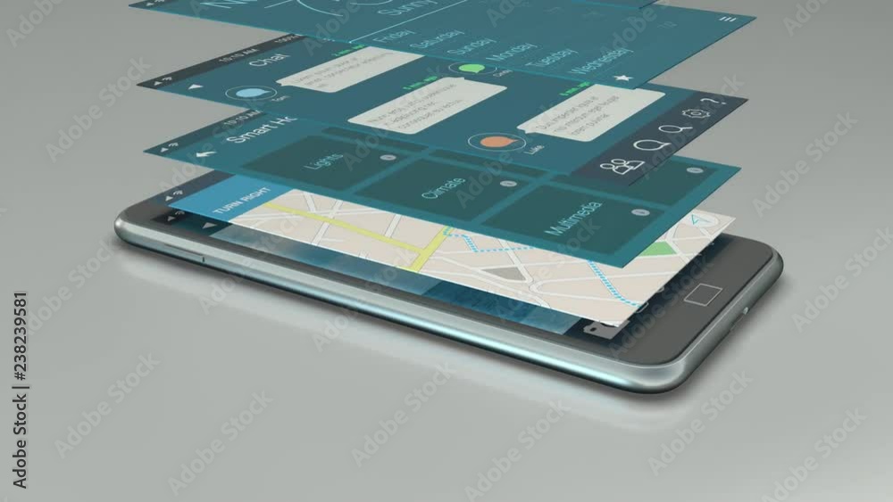 Wall mural smartphone with a set of mobile app mockups falling onto the display (3d render)