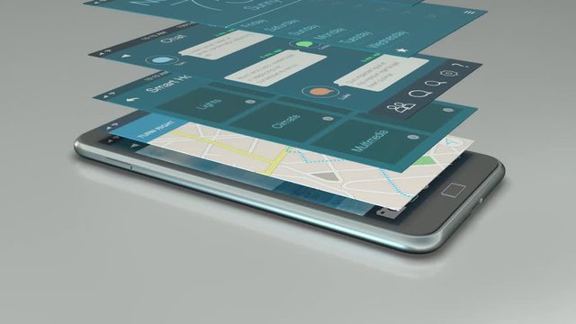 smartphone with a set of mobile app mockups falling onto the display (3d render)