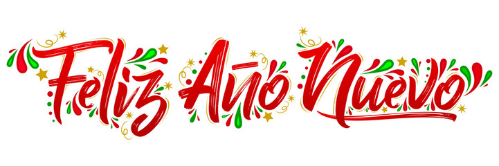 Fototapeta premium Feliz Ano Nuevo, Happy New Year spanish text holiday lettering vector illustration