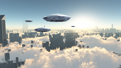 Flying saucers over city © rolffimages