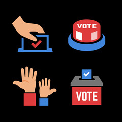Vector vote color icon on a black background with voter hand, ballot box, click button, voting hands. Democracy election poll silhouette symbol.