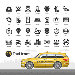 Vector taxi cab car service icon set with yellow station wagon mockup. Motor transport, driver, passenger, navigation, mobile app and city traffic flat silhouette symbol. © Yuriy