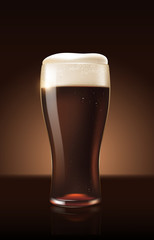 Dark porter beer in glass cup refreshing drink with white foam in 3d illustration, splashing beer