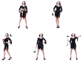 Young beautiful nun with hatchet isolated on white