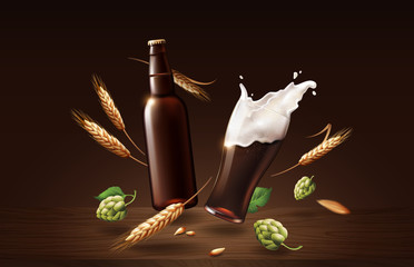 chin chin dark beer in glass cup and bottle with wheat and hops, refreshing drink with white foam in 3d illustration, splashing beer