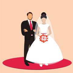 Bride and groom couple standing on wedding day. Vector illustration