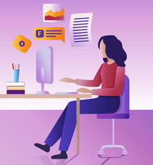 Work remotely concept. The Flat vector illustration. The young woman works remotely at a computer.