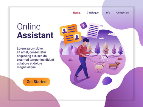 Landing page template of Online Assistant. The Flat design concept of web page design for a mobile website. Young man walking dogs and communicating via smartphone. Vector illustration.