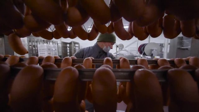 an employee of the meat factory carries a huge shelf of sausages on the background of the meat processing plant