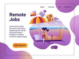 Landing page template of Remote worker. The Flat design concept of web page design for a mobile website. Young girl remotely working at laptop lying on the beach. Vector illustration.