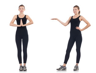 Young woman doing exercises isolated on white 