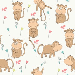 Fototapeta premium Vector illustration with cartoon monkeys. Seamless pattern
