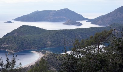 Obraz premium Hiking. Campaign.Backpack tourism in pine forest. Hike along the route of the Lycian trail. Fethiye. Turkey. 9.12.18