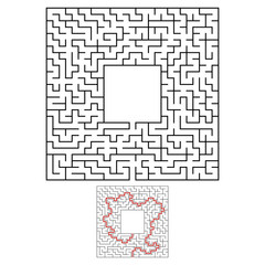 Black square maze with entrance and exit. An interesting and useful game for children. Simple flat vector illustration isolated on white background. With a place for your drawings. With the answer.