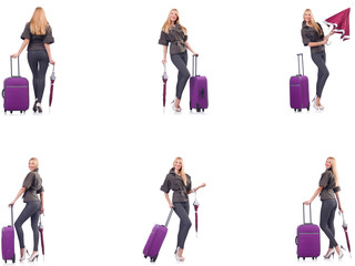 Young beautiful woman with suitcase and umbrella isolated on whi
