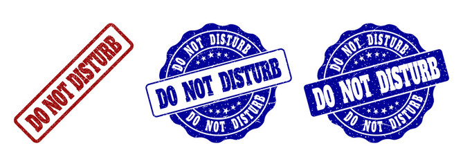 DO NOT DISTURB scratched stamp seals in red and blue colors. Vector DO NOT DISTURB watermarks with grainy effect. Graphic elements are rounded rectangles, rosettes, circles and text titles.