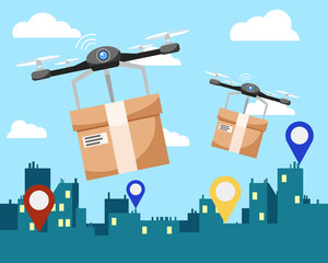 Two quadrocopters deliver boxes with parcels to the address.