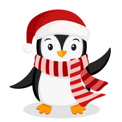 Penguin in a hat and scarf waving flippers on a white.