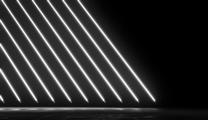 Neon Glowing Lights Futuristic Background. White colors Line In Empty Dark Room With Concrete Floor and Reflections.Future Sci Fi Concept. 3D Rendering Illustration