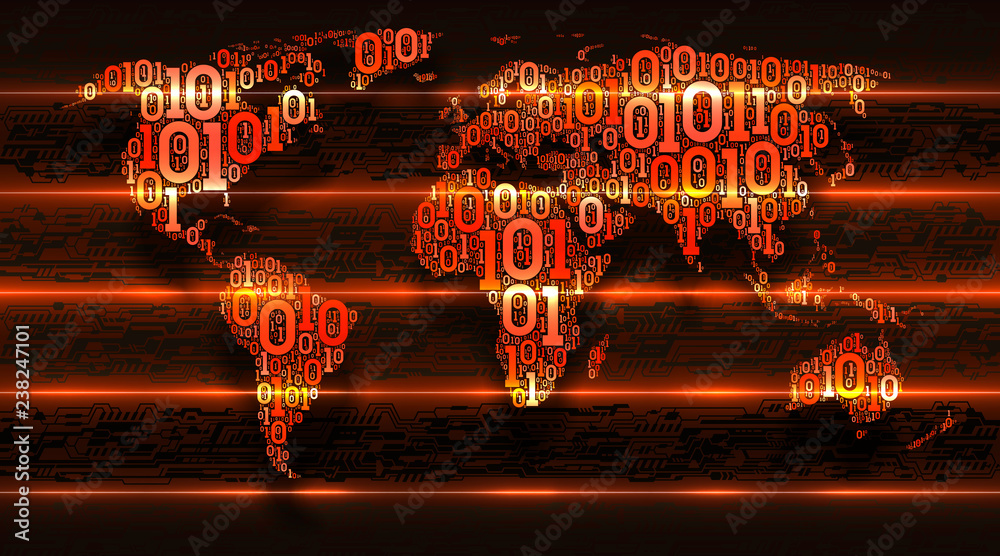 Wall mural Binary code world map on dark background of abstract circuit boards. Digital transformation of the world. Concept of internet of things, cloud service, big data, vector illustration - Wall murals