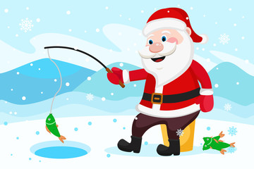 Santa Claus fishing rod catches fish in the hole.