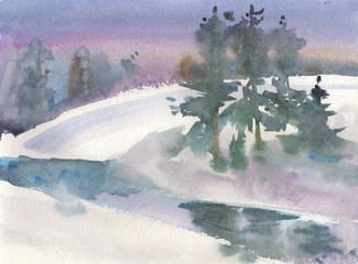 evening winter watercolor violet white snow