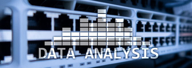 Big Data analysis text on server room background. Internet and modern technology concept