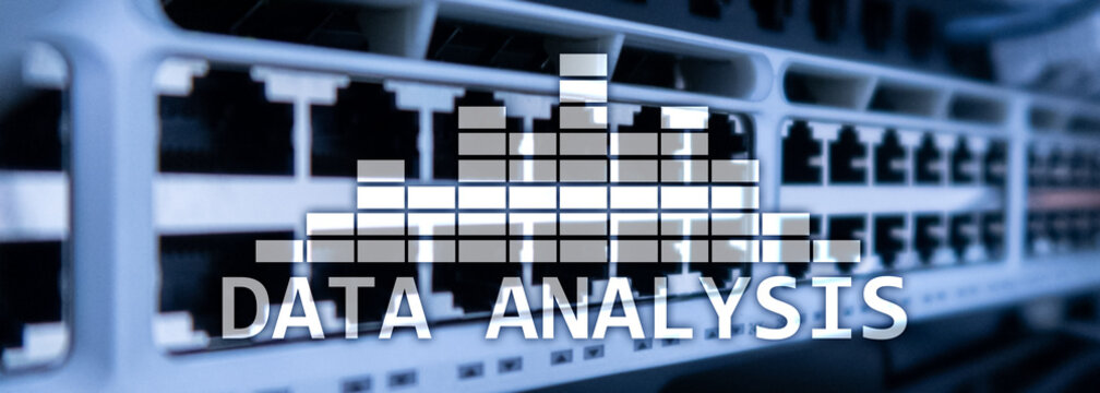 Big Data analysis text on server room background. Internet and modern technology concept