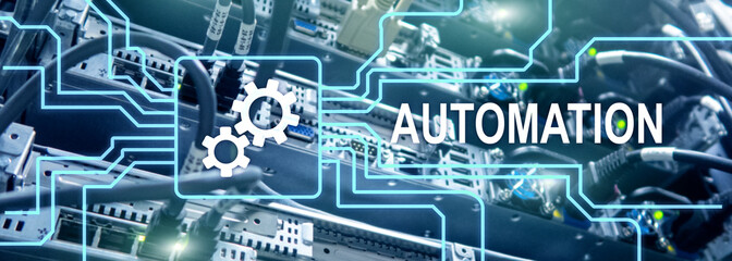 Automation of business Process and innovation technology in manufacturing. Internet and technology concept on server room background
