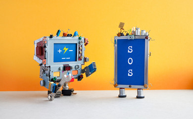 Robotic computer with hand wrench and broken cellular smartphone, message SOS on blue screen.