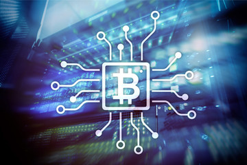 Bitcoin, Blockchain concept on server room background.