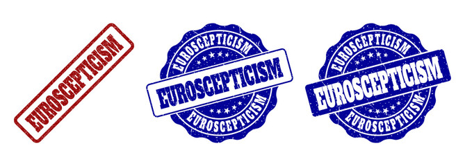 EUROSCEPTICISM grunge stamp seals in red and blue colors. Vector EUROSCEPTICISM signs with grunge texture. Graphic elements are rounded rectangles, rosettes, circles and text tags.