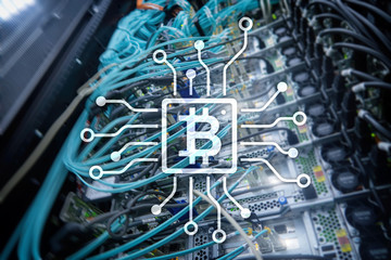 Bitcoin, Blockchain concept on server room background.