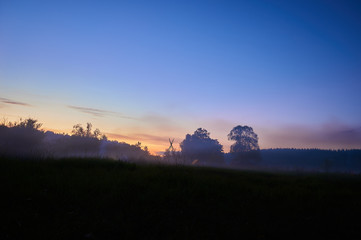 Summer landscape in blue twilight after sunset