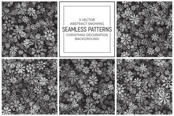 Vector Christmas Decoration Set of 5 Seamless Patterns Abstract Snowing Background. Winter Heavy Snowfall Illustration. Merry Xmas and Happy New Year Wallpaper