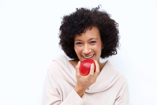 Close Up Healthy African American Woman Eating Apple