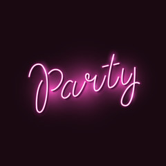 Pink bright inscription Party, vector neon sign. Isolated design element. Retro sign board.